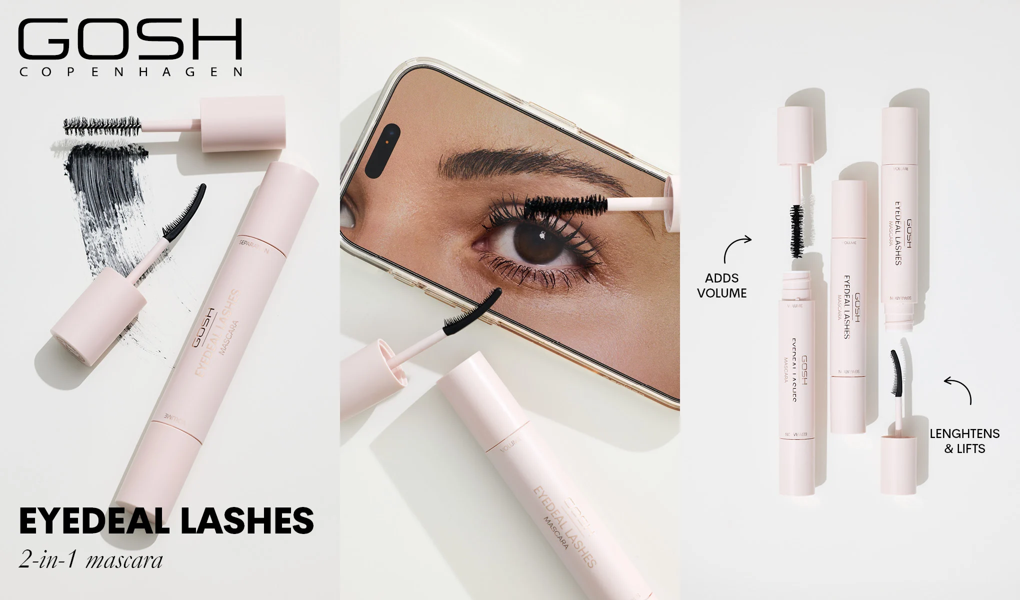 GOSH Copenhagens Eyedeal Lashes 2-i-1 mascara ger både volym och längd. Bilden visar mascarans förpackning och borstar.