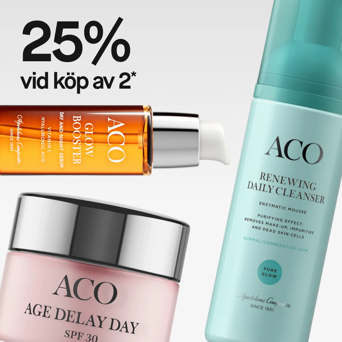 Bild som visar tre ACO produkter: en orange flaska med ACO Glow Booster Day and Night Serum, en rosa burk med ACO Age Delay Day SPF 30, och en turkos flaska med ACO Renewing Daily Cleanser. Texten "25% vid köp av 2*" är synlig. Bakgrunden är vit.