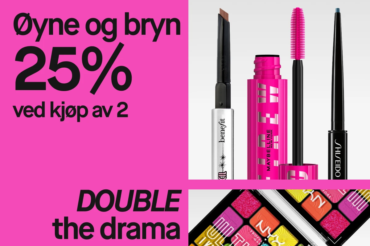 Produkter for øyne og bryn fra Benefit, Maybelline og Shiseido, mot en rosa bakgrunn med teksten "Øyne & bryn 25% ved kjøp av 2" og "DOUBLE the drama".