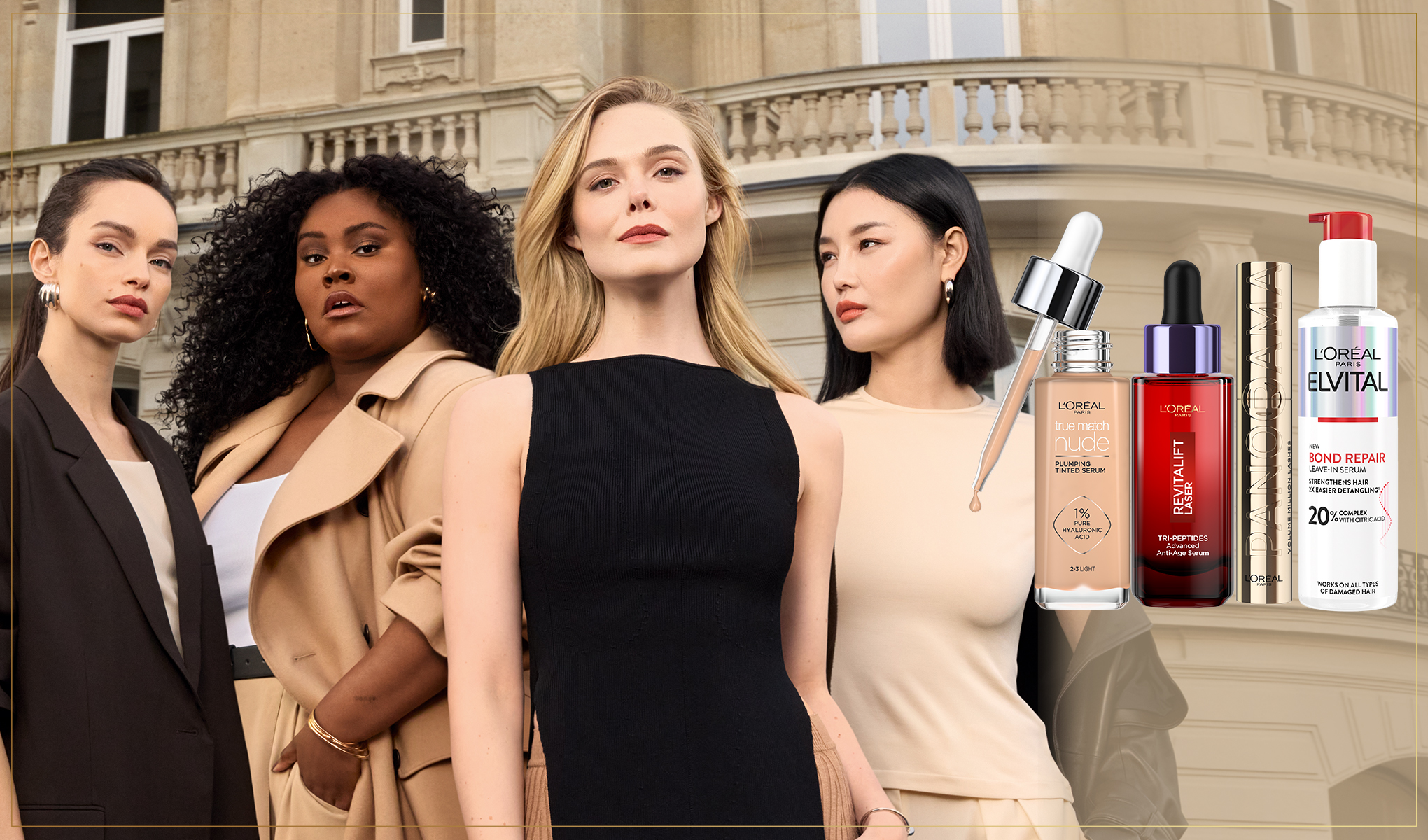 Fyra personer står bredvid varandra. Framför dem finns fyra olika skönhetsprodukter från L'Oréal.