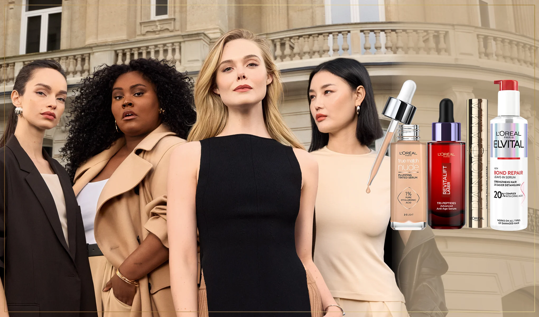 Fyra personer står bredvid varandra. Framför dem finns fyra olika skönhetsprodukter från L'Oréal.
