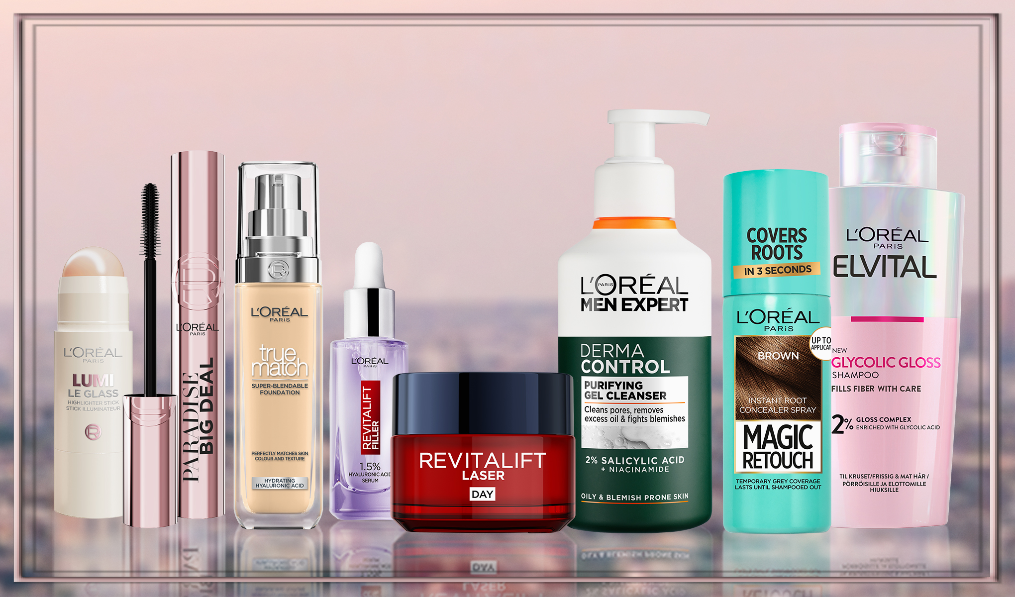Mange forskjellige produkter fra L'Oréal Paris står på en linje.