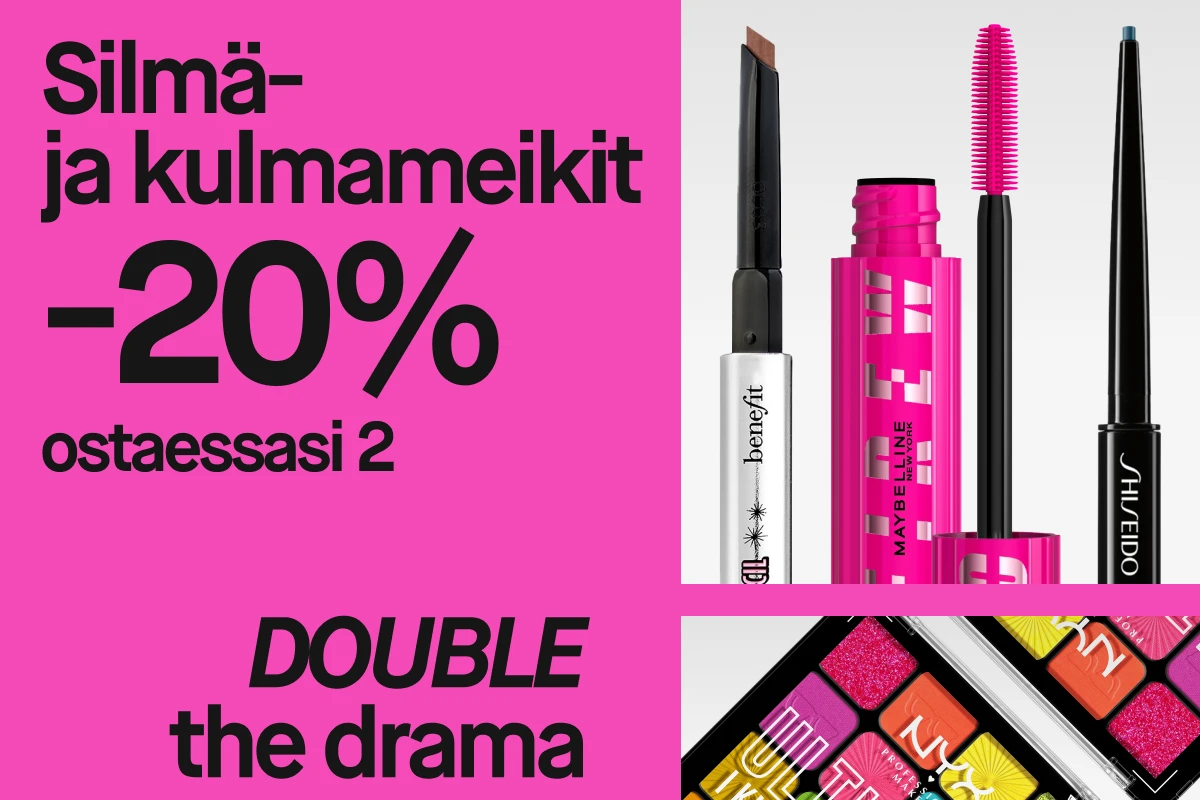 Benefit, Maybelline ja Shiseido silmä- ja kulmatuotteet, vaaleanpunaisella taustalla, jossa lukee "Silmät & kulmat 20% kahden ostoksesta" ja "DOUBLE the drama".