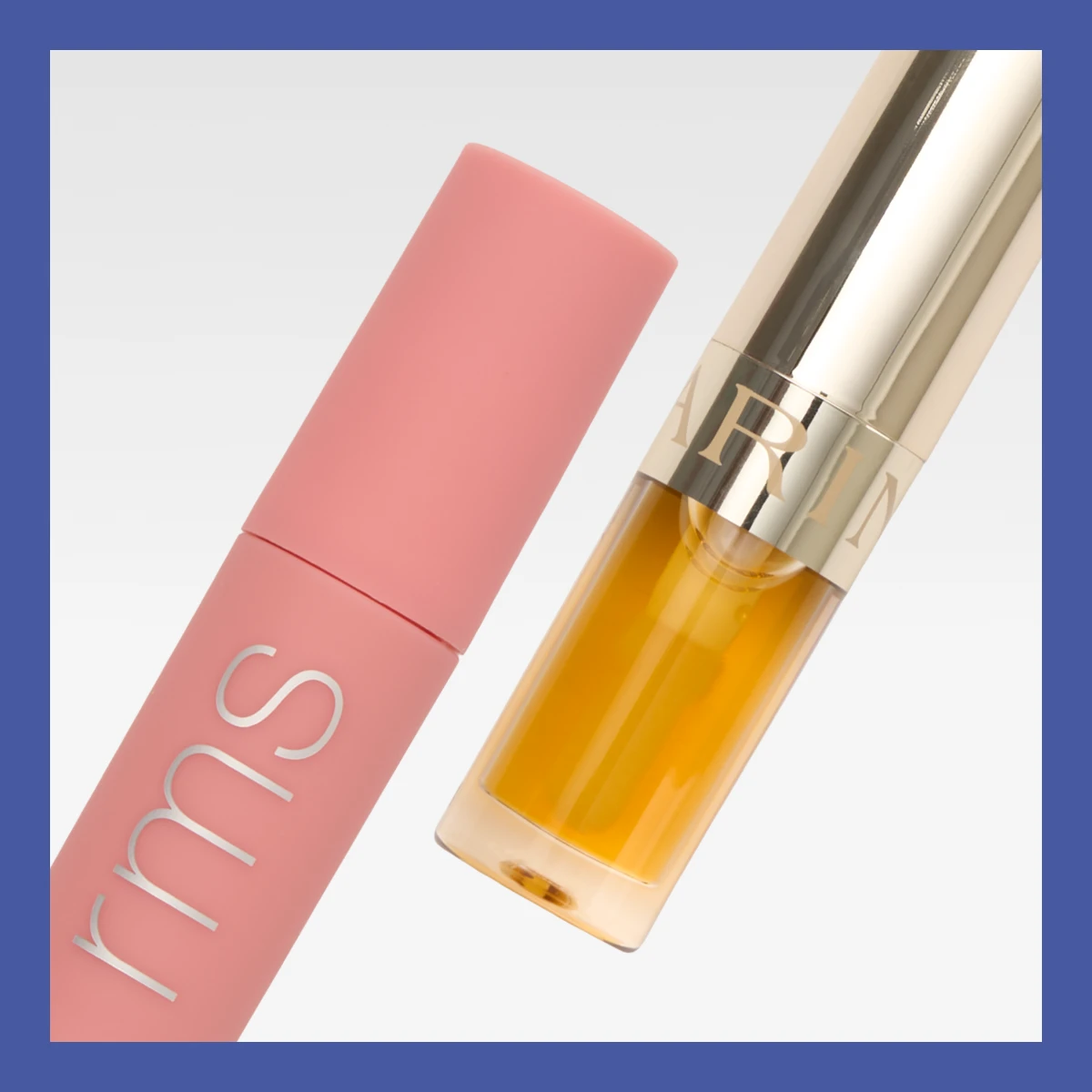 RMS Beauty -läppstift i rosa förpackning och Clarins -läppolja i guldfärgad förpackning.