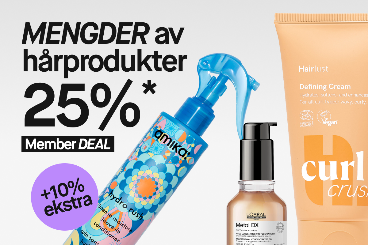 Kampanjebilde med teksten «Massor av hårprodukter 25%» og «Member DEAL». Flere hårprodukter vises, blant annet en blå Amika-sprayflaske, en oransje Curl Crush-tube fra Hairlust, en grønn Björn Axén-flaske og en liten hårprodukt i glass. Rosa sirkel med teksten «Hair MAGIC».