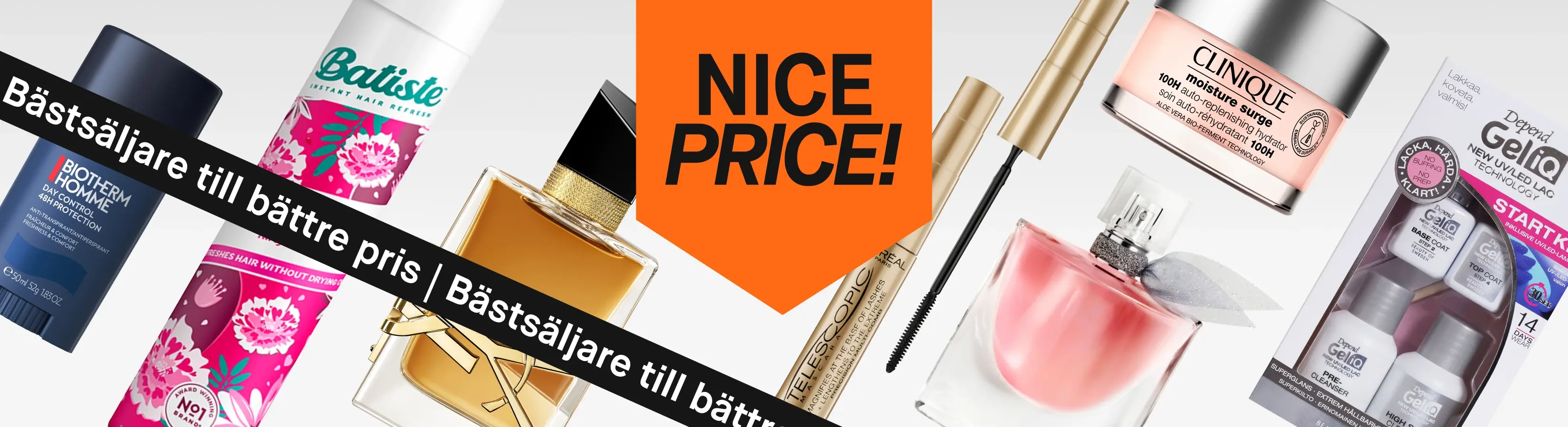 Banner: 'NICE PRICE! Favoritprodukter billigare.' Visar ett urval av populära skönhets- och hudvårdsprodukter.