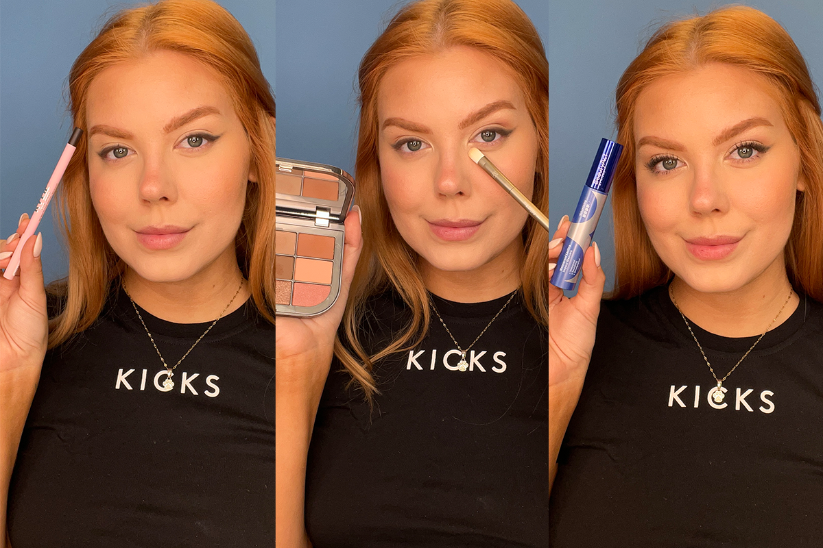 KICKS-medarbetare visar tre steg i ögonmakeup – eyeliner, ögonskuggspalett och mascara.