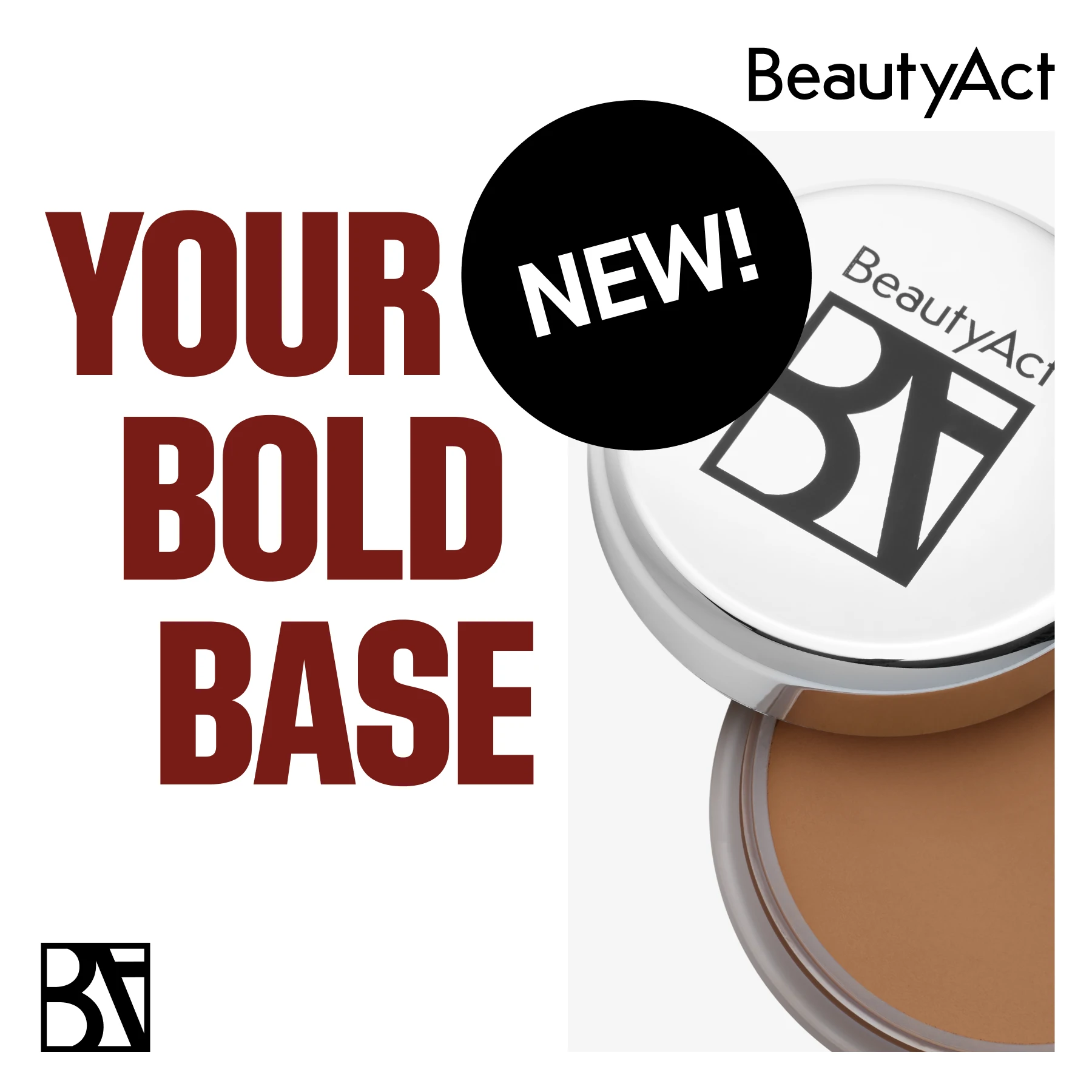 Bild som visar en reklam för BeautyAct Cream Bronzer. Texten "NEW!" och "BeautyAct" är synliga. En rund dosa med BeautyAct Cream Bronzer och ett bronzersmink är synliga. Bakgrunden är vit.