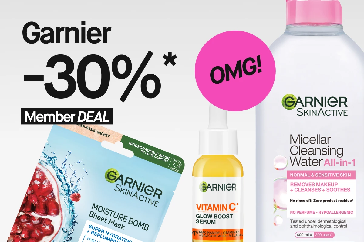 Kampanjakuva, jossa teksti ”Garnier 30 %* Member DEAL” ja vaaleanpunainen ympyrä ”OMG!”, sekä Moisture Bomb Sheet Mask, Vitamin C* Glow Boost Serum ja Micellar Cleansing Water All-in-1.