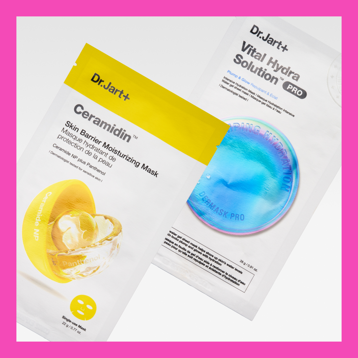 Kaksi kasvonaamiota Dr.Jart+ . Toinen on "Ceramidin Skin Barrier Moisturizing Mask" keltaisessa ja valkoisessa pakkauksessa, ja toinen on "Vital Hydra Solution PRO" sinisessä ja valkoisessa pakkauksessa.