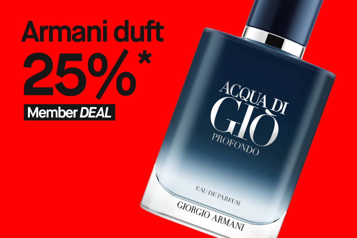 "Armani Acqua di Giò Profondo herreparfyme på rød bakgrunn – eksklusiv duft med 25 prosent medlemsrabatt."