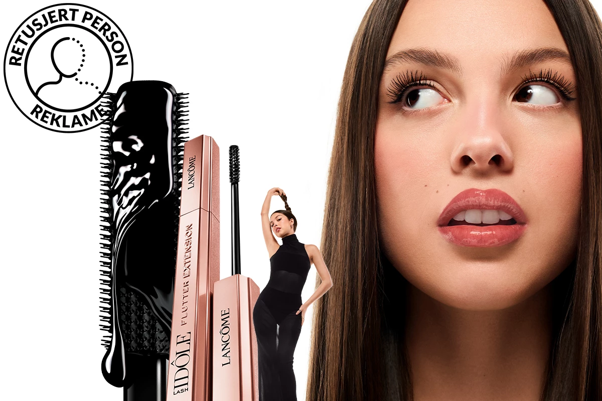Lancômen Lash Idôle -ripsiväri ja sen harja sekä poseeraava mustapukuinen nainen. Taustalla on lähikuva pitkistä, suorista hiuksista.