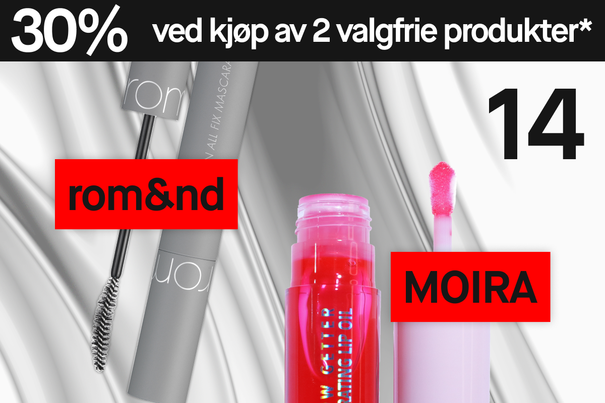 To sminkeprodukter – mascara fra rom&nd og lipgloss fra Moira – mot sølvfarget bakgrunn med “30% ved kjøp av 2”.