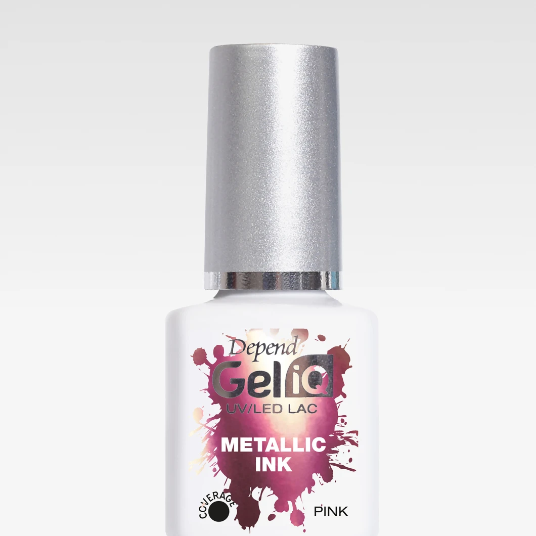 Kuva, joka näyttää valkoinen pullo Depend GeliQ UV/LED Lac Metallic Ink kynsilakkaa. Tausta on valkoinen.