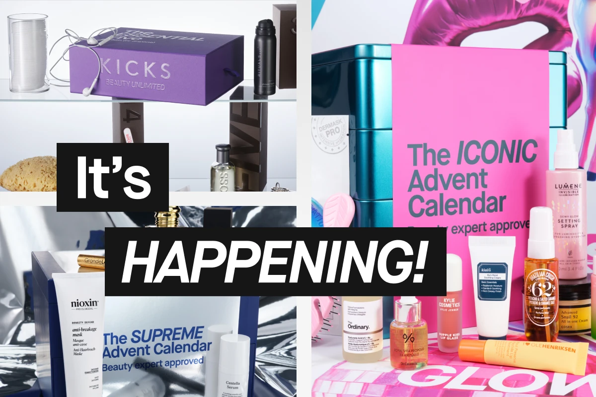 En collage av tre olika adventskalendrar med skönhetsprodukter. Den första kalendern är märkt "The SUPREME Advent Calendar" och innehåller produkter som parfym, serum och hårmask. Den andra kalendern är märkt "The ICONIC Advent Calendar" och innehåller produkter som ansiktsmask, setting spray och serum. Den tredje kalendern är märkt "The ESSENTIAL Advent Calendar" från KICKS och innehåller diverse skönhetsprodukter som ansiktsgel, handkräm och nagelfil.