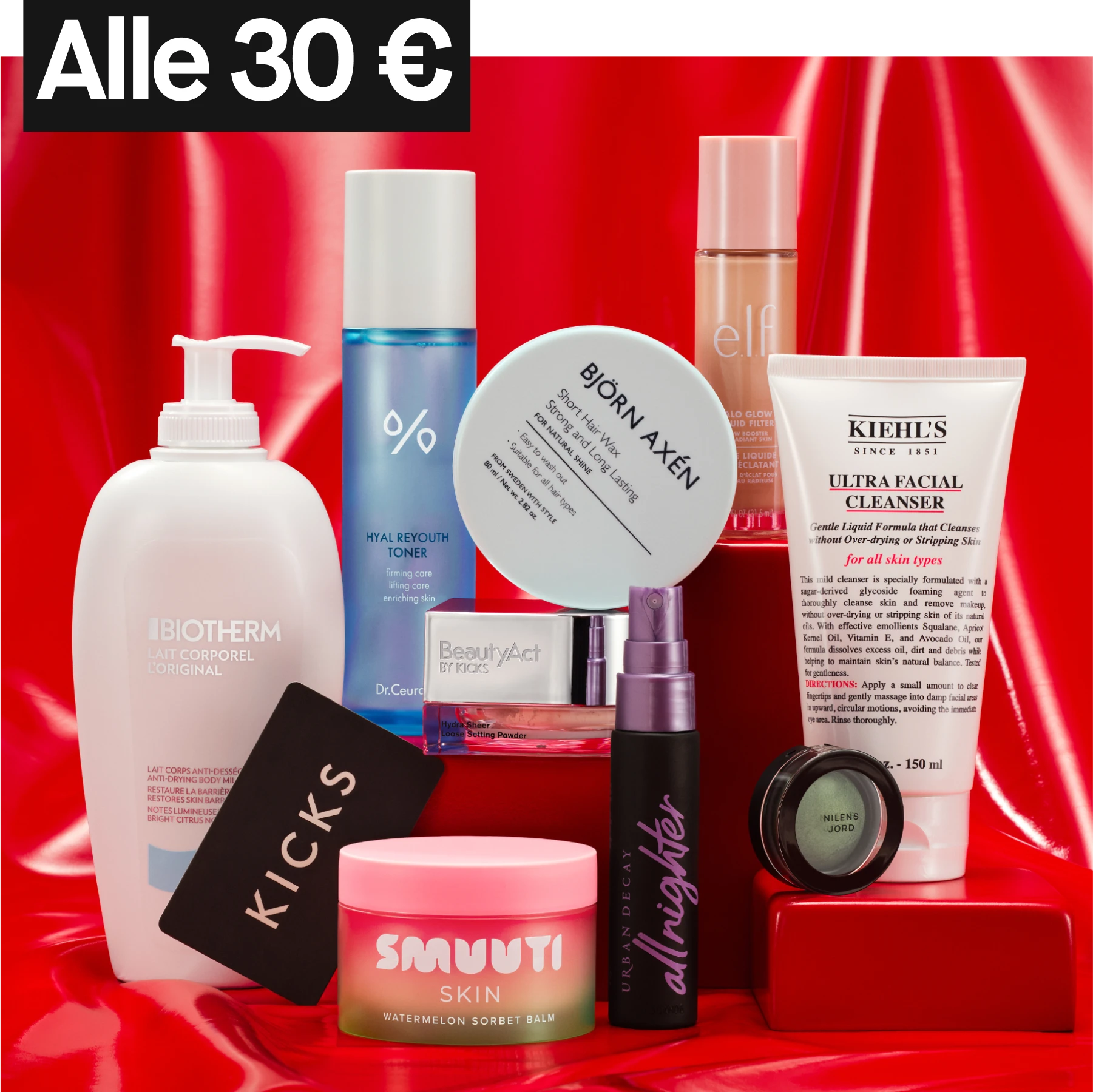 Tuotteita punaista taustaa vasten tekstillä "alle 30 €"