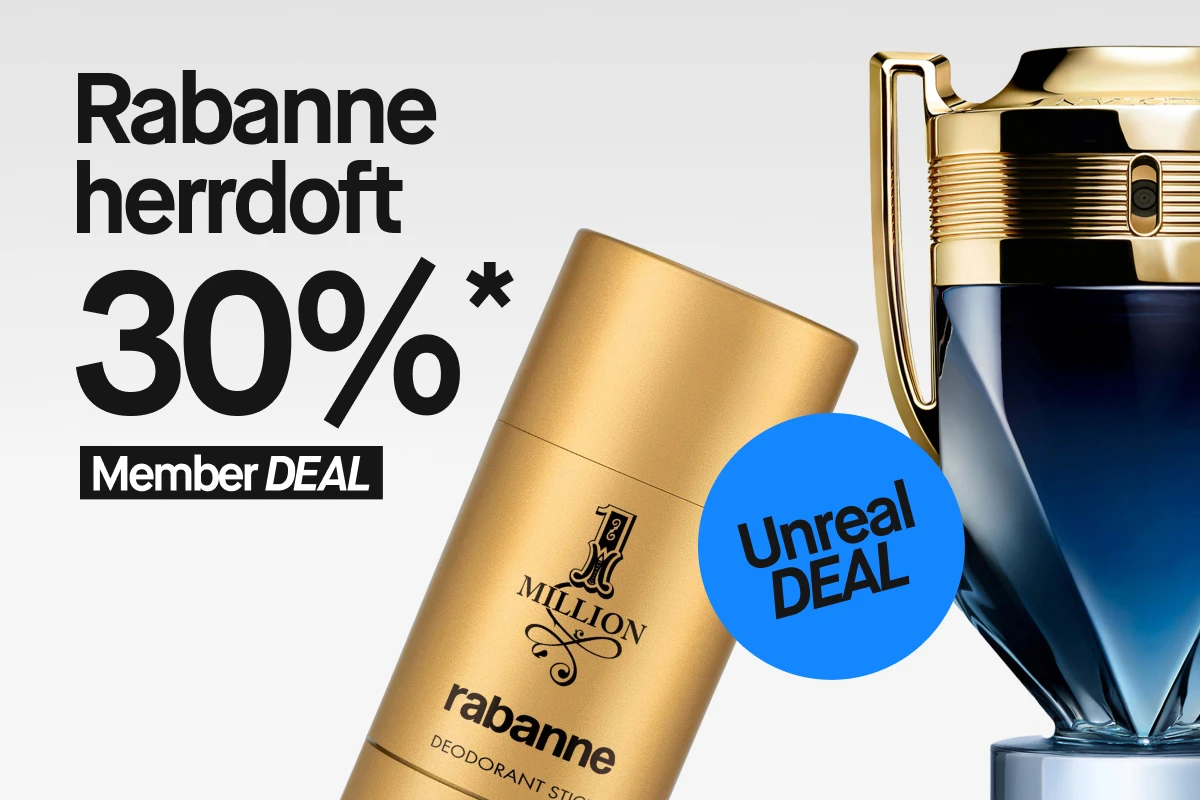 Rabanne herrdoft med tre produkter: en blå pokalformad parfymflaska, en silverfärgad parfymflaska och en guldfärgad deodorantstick. Text på bilden: “Rabanne herrdoft 30%* Member DEAL” samt en blå cirkel med texten “Unreal DEAL”.