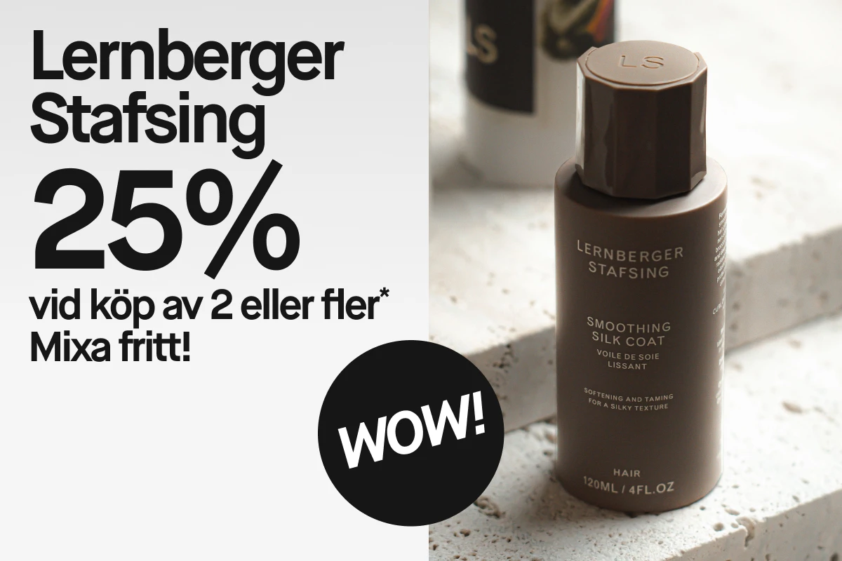 Lernberger Stafsing-produkten Smoothing Silk Coat är placerad på en marmoryta, med text bredvid som annonserar 30% rabatt vid köp av två eller fler produkter.