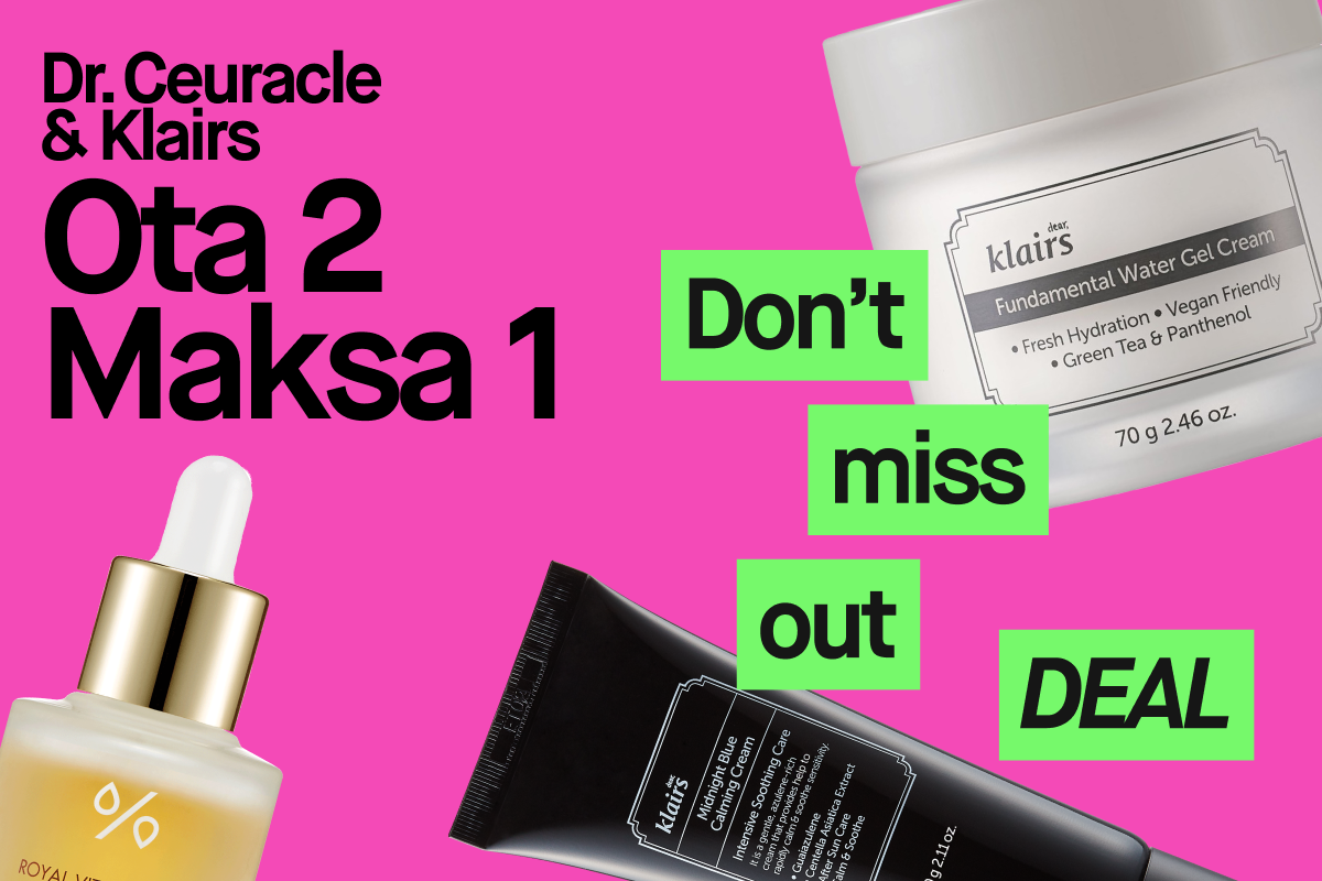 Kuvassa Dr. Ceuracle ja Klairs -ihonhoitotuotteet. Ota 2, maksa 1 -tarjous. Kuvassa Dr. Ceuracle Royal Vita Propolis 33 Ampoule, Klairs Midnight Blue Calming Cream ja Klairs Fundamental Water Gel Cream. Don't miss out DEAL -teksti.