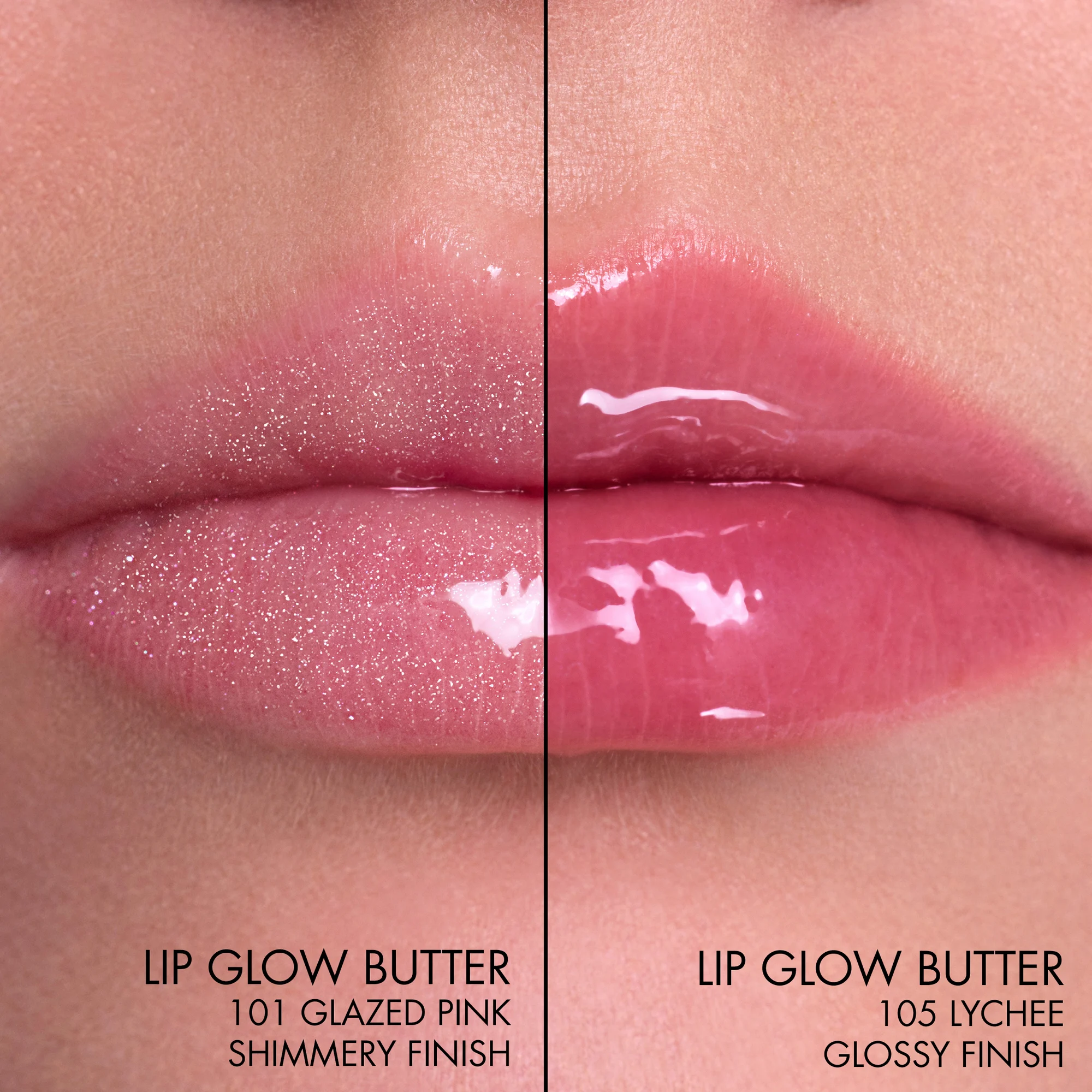 Närbild av två läpprodukter: Lip Glow Butter 101 Glazed Pink med skimrande finish och Lip Glow Butter 105 Lychee med glansig finish.