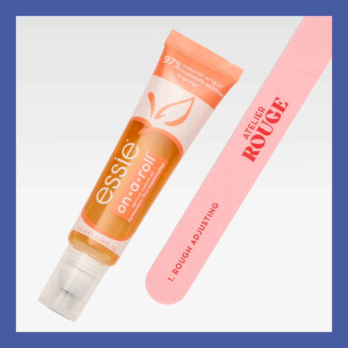 Essie On a Roll -kynsinauhaöljy oranssissa tuubissa ja Atelier Rouge -kynsiviila vaaleanpunaisessa värissä.