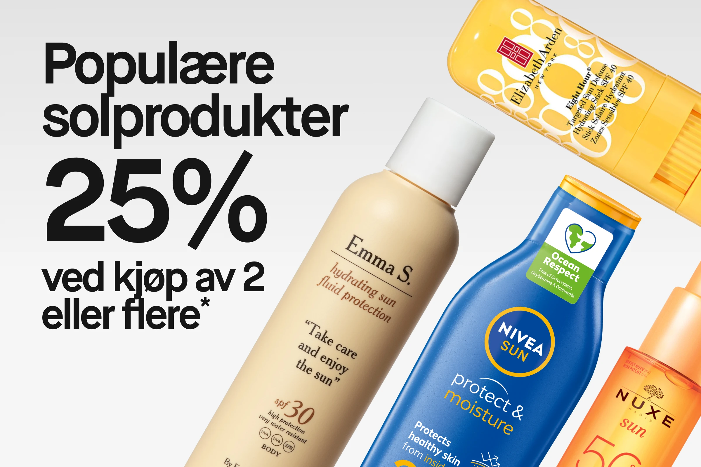 Teksten “Populära solprodukter 25% vid köp av 2 eller fler*” vises sammen med solbeskyttelse fra Emma S., NIVEA Sun og NUXE Sun SPF 50.