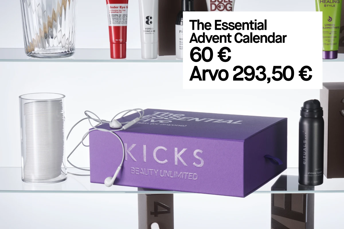 The Essential Advent Calendar - 650 kr, arvo 3 143 kr. Kuvassa näkyy violetti KICKS-lahjapakkaus ja erilaisia kosmetiikkatuotteita hyllyillä.