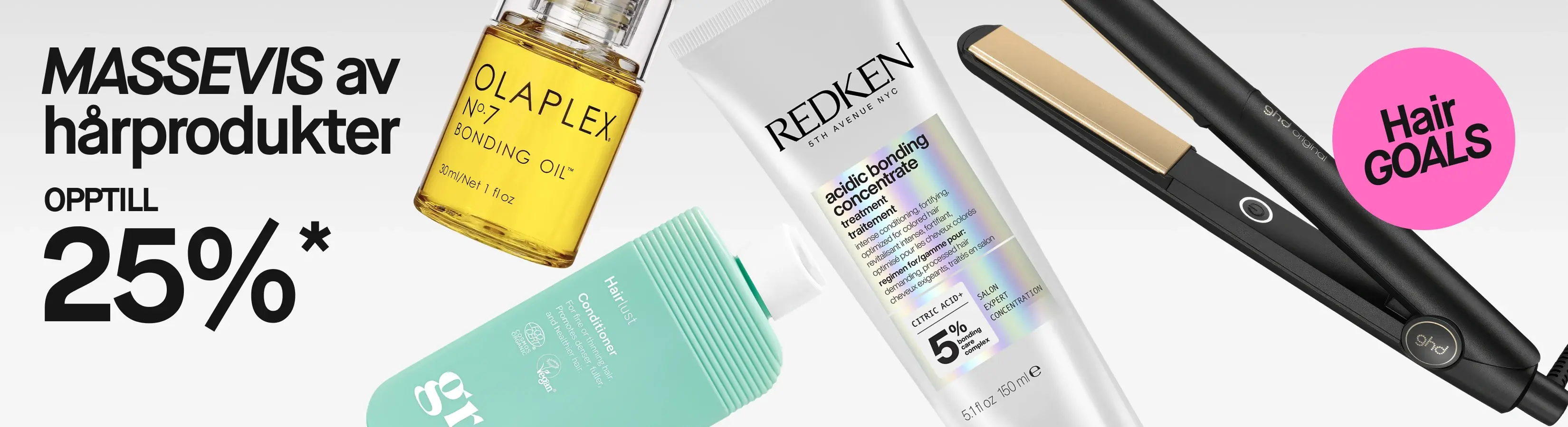 MASSEVIS av hårprodukter, opptil 25%*. Hair GOALS med Björn Axén Sleek Stick for alle hårtyper, Hairlust Conditioner for fint eller tynt hår, Milk_Shake Moisture & More Shampoo for tørt hår samt to svarte ghd-rettetenger med gullfargede plater.