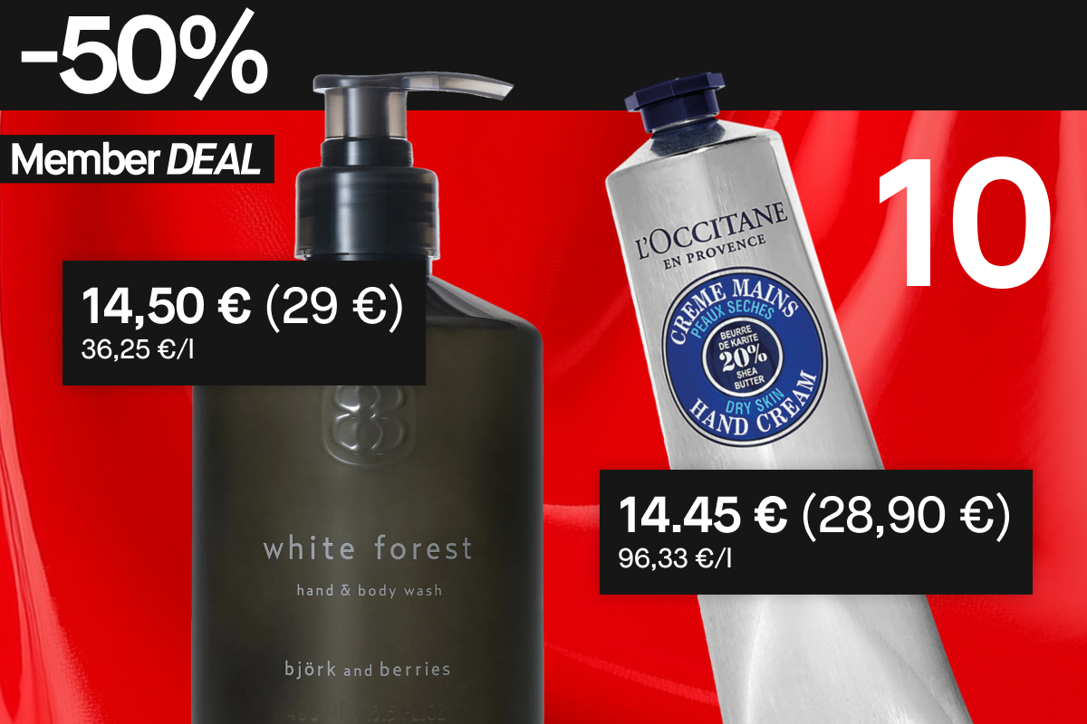 50 % alennus näistä kahdesta tuotteesta jäsenille: Björk and Berries White Forest käsien ja vartalon pesuaine ja L'Occitane Hand Cream.