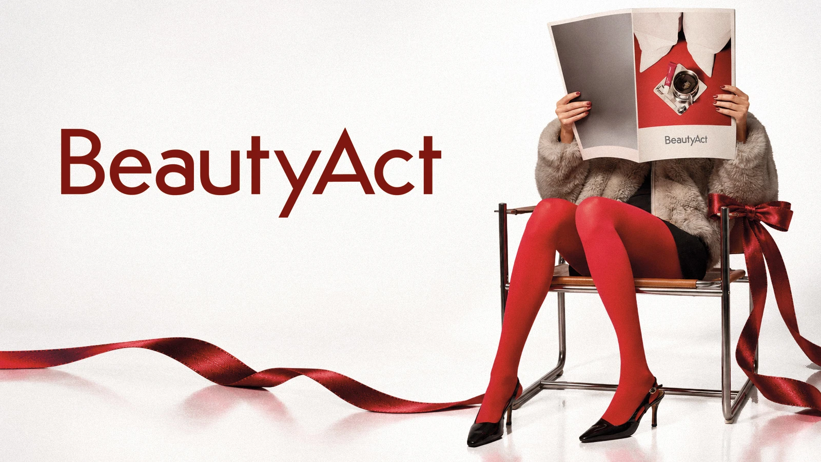 Stilfull bild av en person i röda strumpbyxor och pälskappa som håller en tidning. Texten 'BeautyAct' visas tydligt.