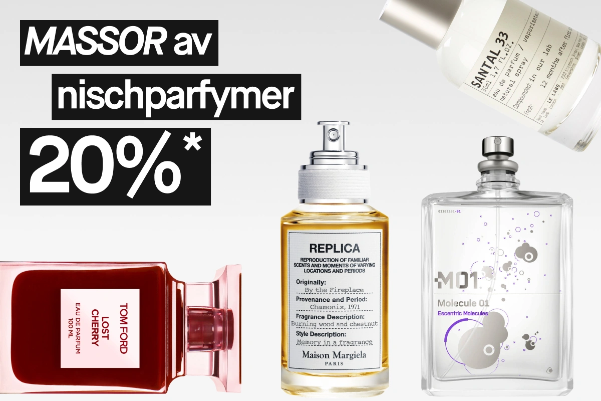 Kampanjbild med texten “MASSOR av nischparfymer 20%” tillsammans med parfymflaskor från Tom Ford Lost Cherry, Maison Margiela Replica By the Fireplace, Escentric Molecules Molecule 01 och Le Labo Santal 33.