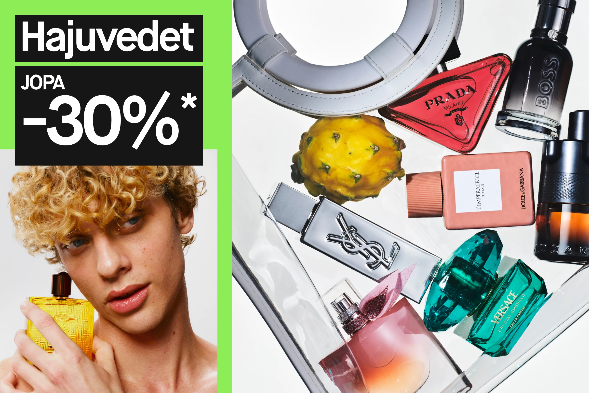 Lyhytkiharainen henkilö pitää kädessään kullanväristä hajuvesipulloa, vieressä kuva läpinäkyvästä käsilaukusta täynnä hajuvesia ja teksti ”Parfymer upp till 30%”.