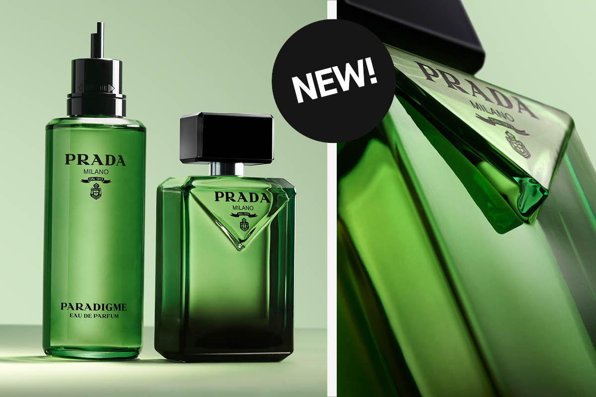 En ny parfyme fra Prada med grønn flaske og svart kork. Flasken har teksten "Prada Milano Paradigme Eau de Parfum".