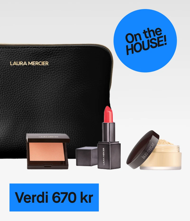 Laura Mercier sminksett med svart toalettmappe, rouge, leppestift og løspudder, med en verdi av 660 kr. Gratis for medlemmer