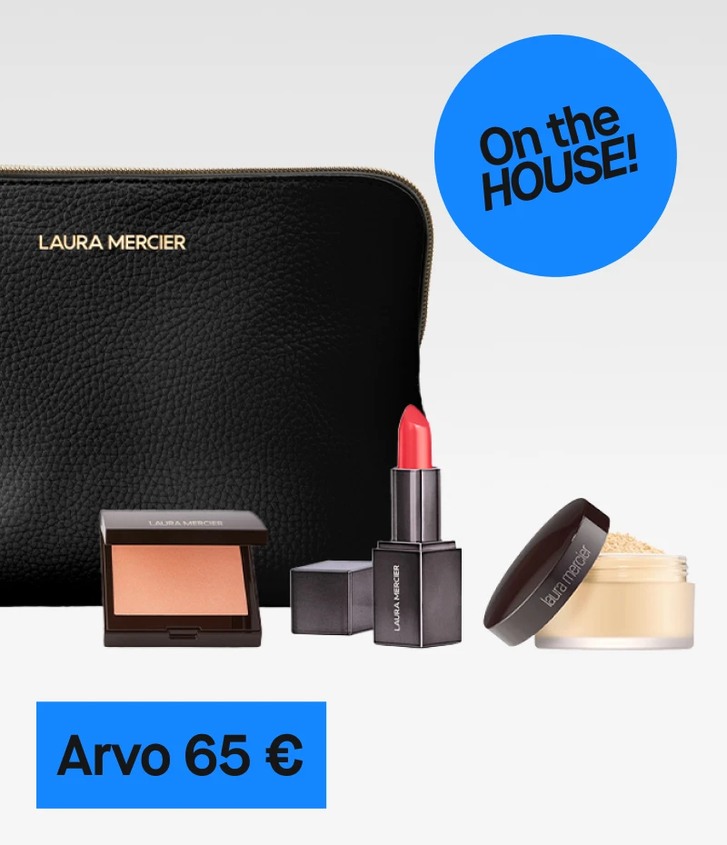 Laura Mercier meikkisetti, joka sisältää mustan meikkipussin, poskipunan, huulipunan ja irtopuuterin, arvo 660 kr. Ilmaiseksi jäsenille