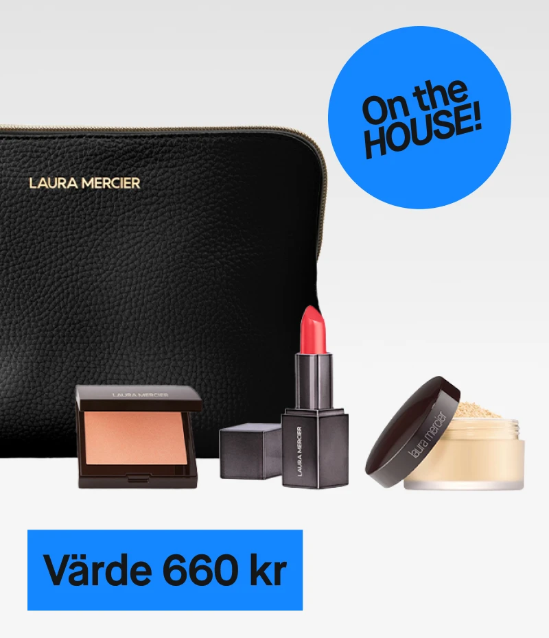 Laura Mercier makeup-set med svart necessär, rouge, läppstift och löspuder, med ett värde av 660 kr. Gratis för medlemmar.