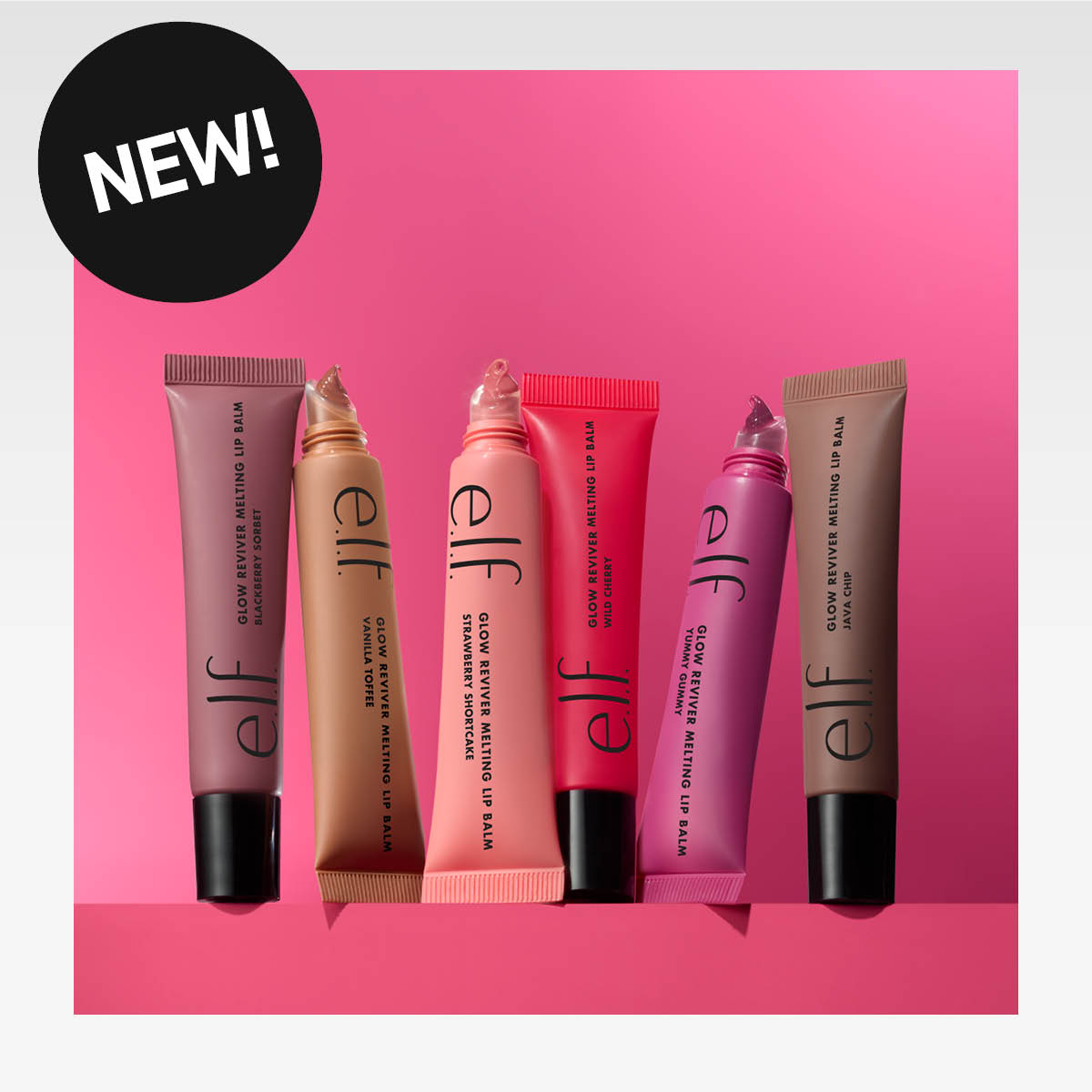 Viisi e.l.f. Glow Reviver Lip Balm -tuubia rivissä, väreinä vaaleanpunainen, punainen ja ruskea.