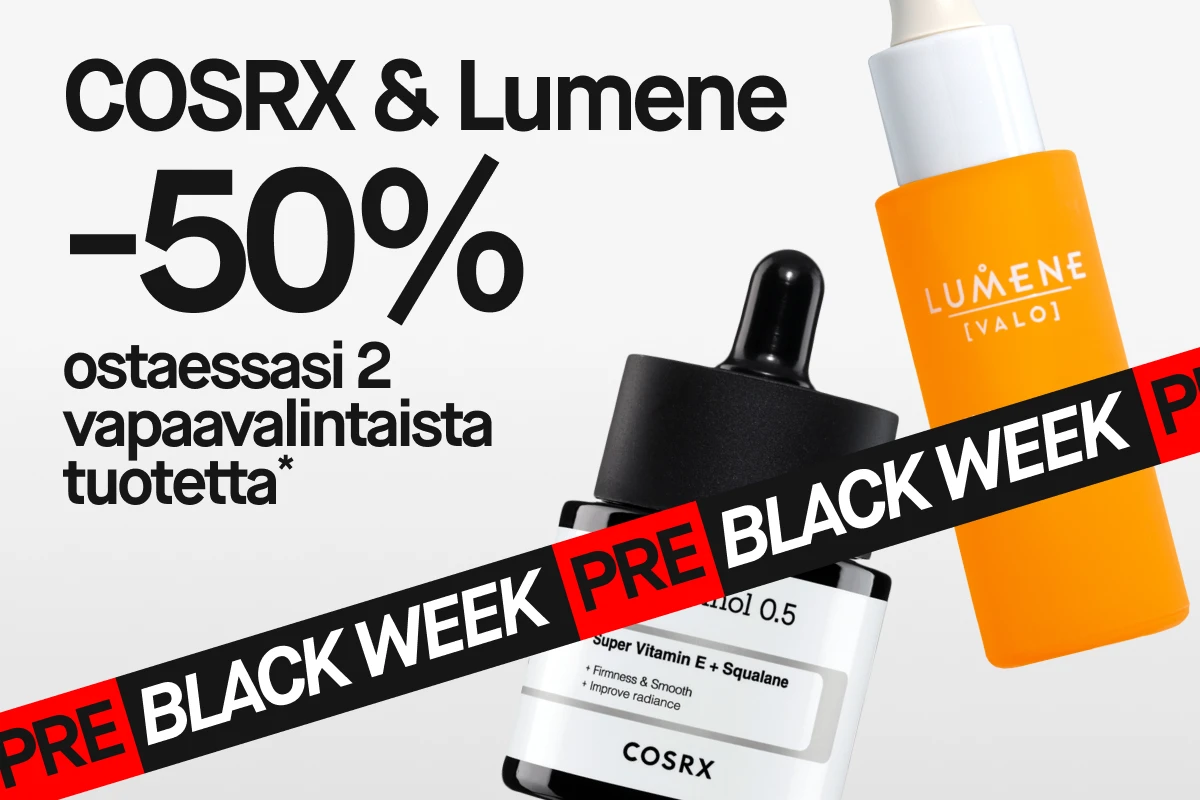 COSRX ja Lumene 50% alennuksella, kun ostat kaksi. Pre-Black Week -kampanja.