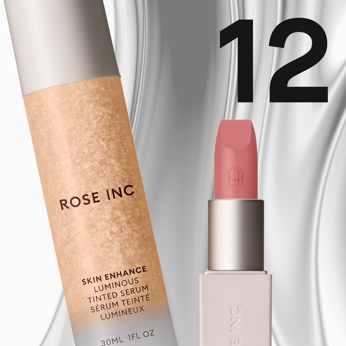 Rose Inc -seerumi ja huulipuna neutraaleissa sävyissä vaalealla taustalla.