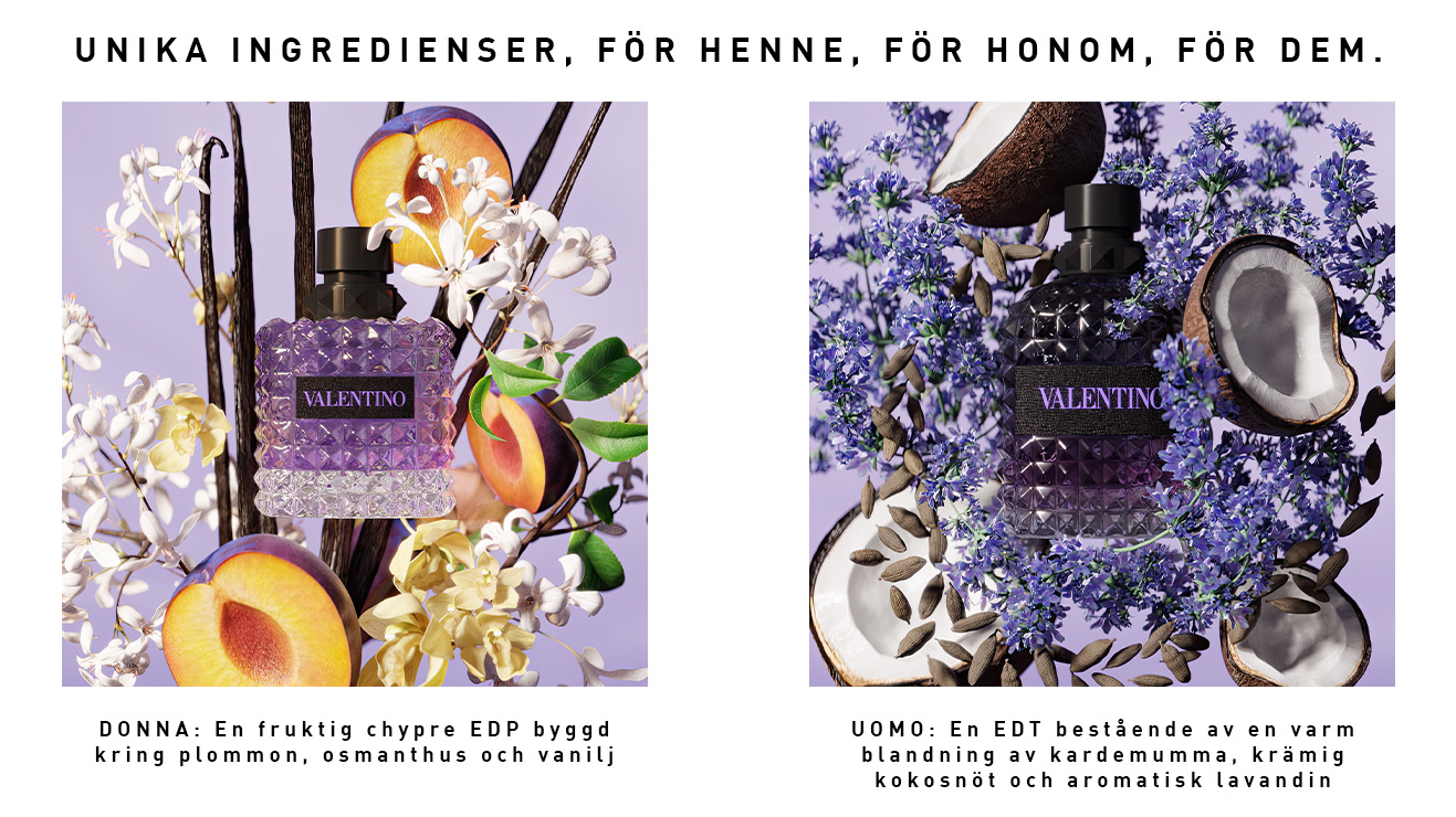 Två Valentino Born in Roma Purple Melancholia-parfymer omgivna av blommor, plommon och kokos mot ljuslila bakgrund.