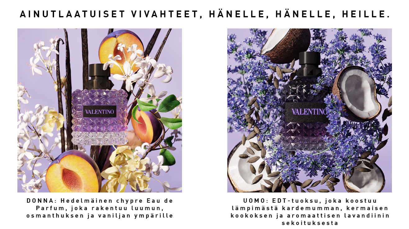 Kaksi Valentino Born in Roma Purple Melancholia -tuoksupulloa kukkien, luumun ja kookoksen ympäröiminä vaaleanlilaa taustaa vasten.