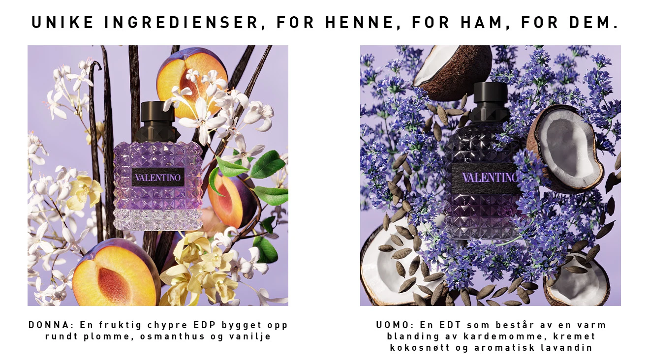 To Valentino Born in Roma Purple Melancholia-parfymer omgitt av blomster, plomme og kokos mot lys lilla bakgrunn.