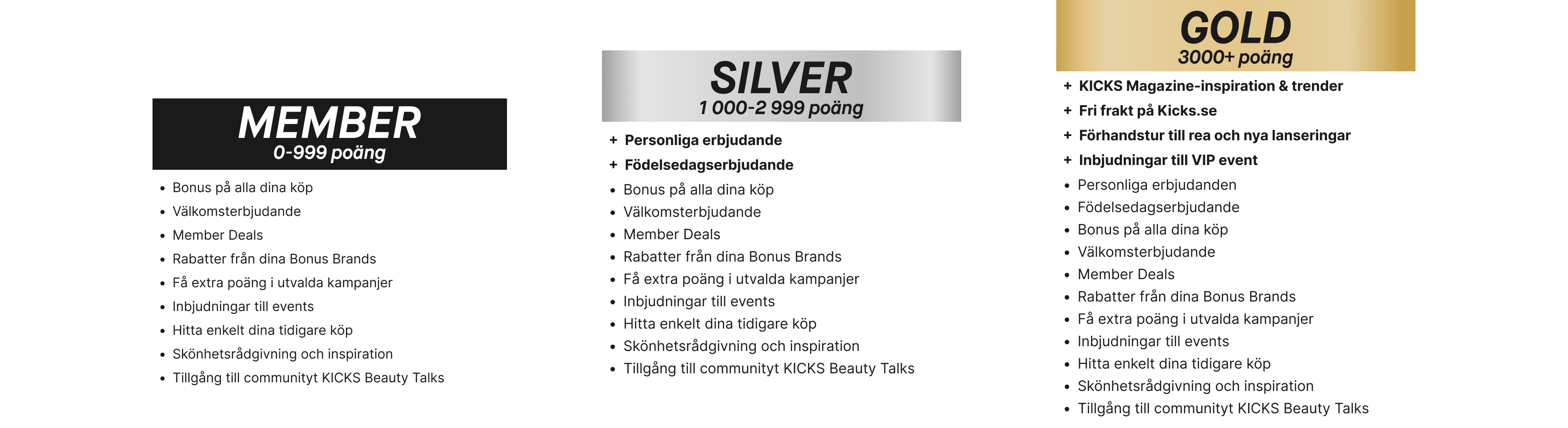 Översikt över medlemsnivåerna Member, Silver och Gold med poänggränser och tillhörande medlemsförmåner.