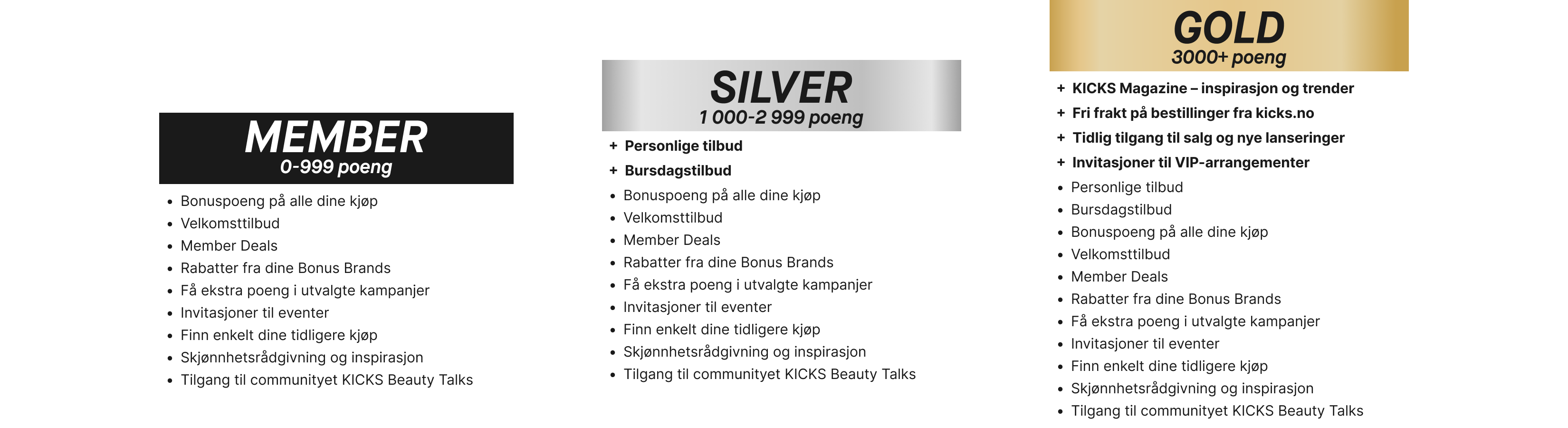 Oversikt over medlemsnivåene Member, Silver og Gold med poenggrenser og tilhørende medlemsfordeler.