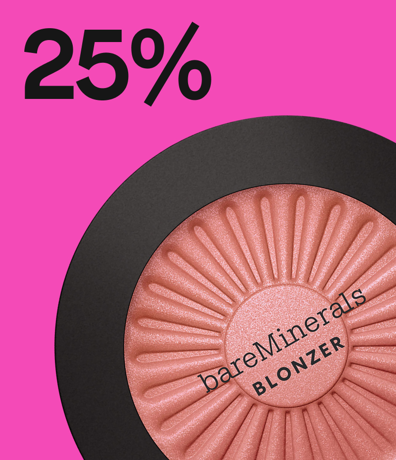 ferskenfarget blush fra bareminerals på rosa bakgrunn