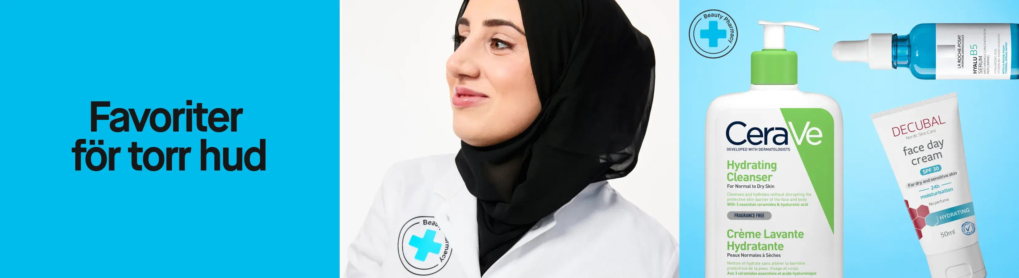 En bild som visar tre hudvårdsprodukter för torr hud. Produkterna inkluderar CeraVe Hydrating Cleanser, en stor flaska med grön pump, designad för att rengöra och återfukta normal till torr hud utan att störa hudens skyddsbarriär. Den innehåller ceramider och hyaluronsyra och är parfymfri. La Roche-Posay Hyalu B5 Serum, en blå flaska med pipett, är ett serum som innehåller hyaluronsyra och vitamin B5 för att återfukta och reparera huden. Decubal Face Day Cream SPF 30 är en vit tub med blå detaljer, en ansiktskräm för torr och känslig hud som ger 24 timmars återfuktning och innehåller solskyddsfaktor 30. Produkten är parfymfri. Bakgrunden är ljusblå och texten "Favoriter för torr hud" är skriven i svart.