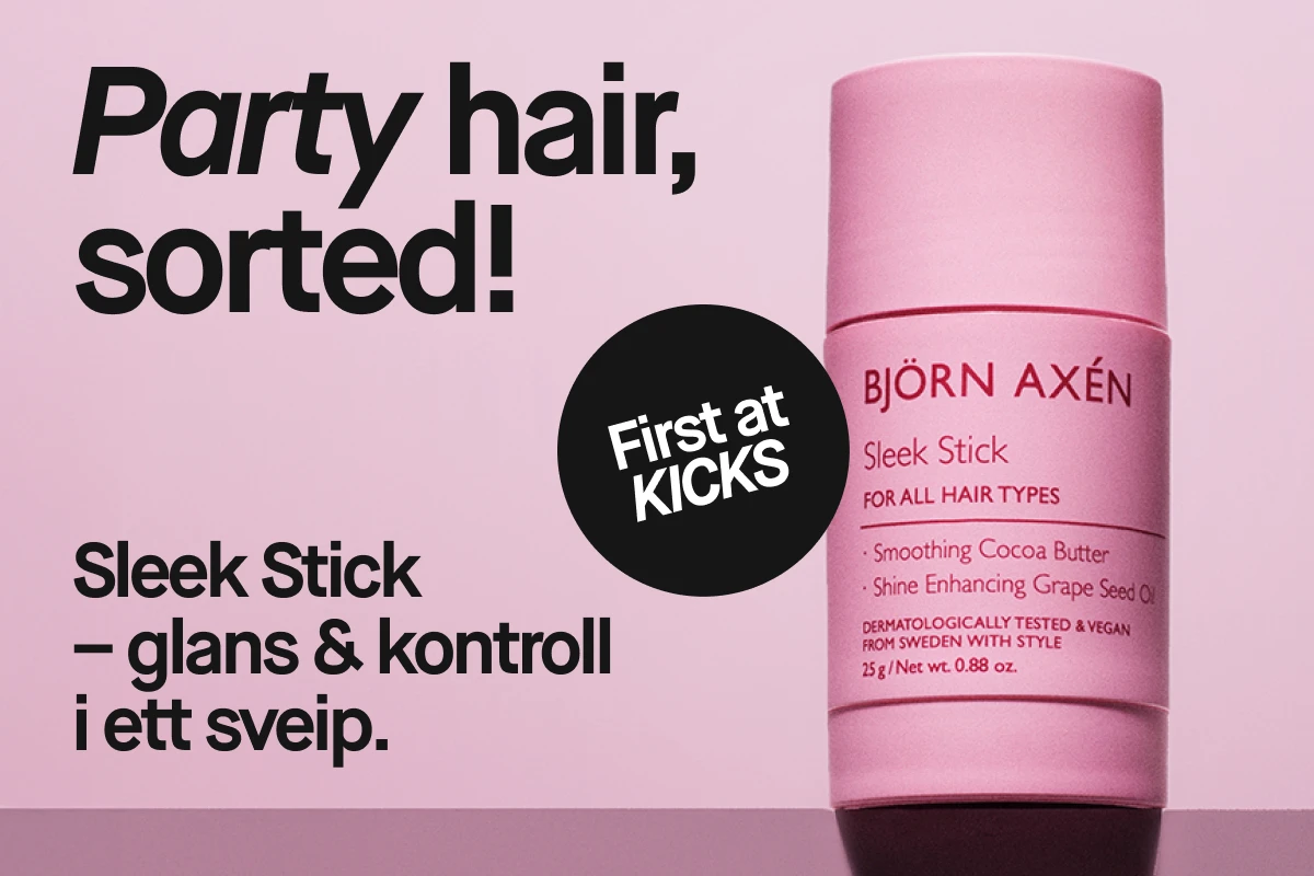 Rosa hårstylingprodukt mot lys rosa bakgrunn, omgitt av svart grafikk og tekst som fremhever glans og kontroll for partyfrisyrer.