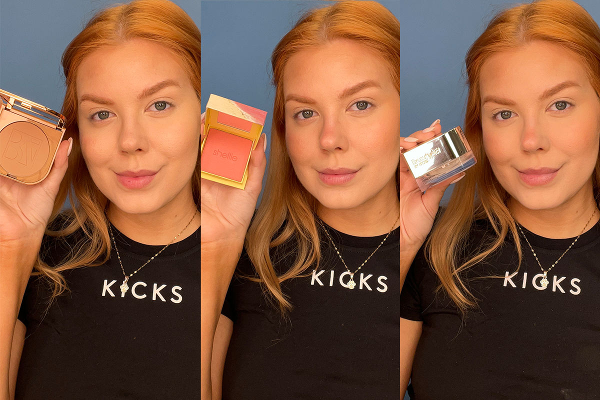 KICKS-medarbetare visar tre steg i ansiktsmakeup – bronzer, rouge och highlighter.
