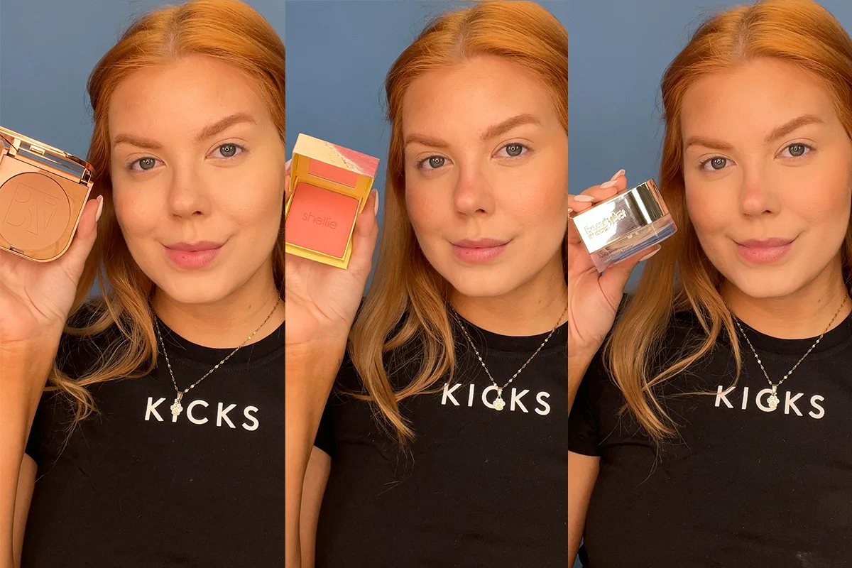 KICKS-medarbetare visar tre steg i ansiktsmakeup – bronzer, rouge och highlighter.
