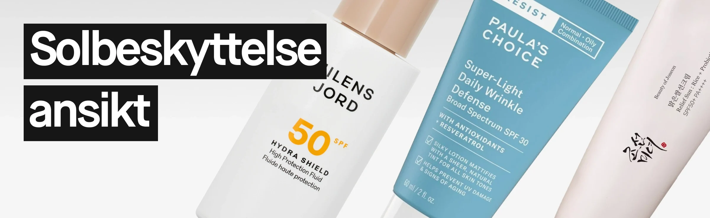 Flere solkremer for ansikt lent mot hverandre, blant annet La Roche-Posay Anthelios SPF50+ og Nilens Jord Hydra Shield SPF50, mot lys bakgrunn.